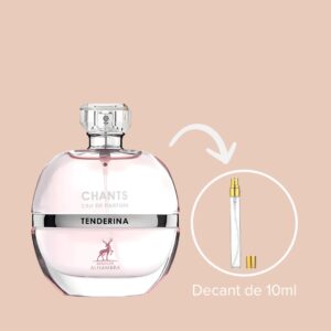 Chants Tenderina de Maison Alhambra é uma fragrância Floral Frutada, com notas de topo de bergamota, flor de toranja e pêssego, o perfume revela um coração delicado de jasmim, rosa e íris, sobre uma base suave de almíscar branco, vetiver, baunilha e patchouli. Inspirado no Chanel Chance Tendre, é perfeito para mulheres que apreciam um perfume leve e elegante.