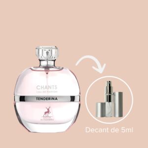 Chants Tenderina de Maison Alhambra é uma fragrância Floral Frutada, com notas de topo de bergamota, flor de toranja e pêssego, o perfume revela um coração delicado de jasmim, rosa e íris, sobre uma base suave de almíscar branco, vetiver, baunilha e patchouli. Inpirado no Chanel Chance Tendre, é perfeito para mulheres que apreciam um perfume leve e elegante. Este perfume é ideal para dias quentes e atividades ao ar livre, como ginásio, praia e esportes. Sua combinação de frescor e suavidade evoca uma sensação de conforto e bem-estar, destacando-se como uma escolha ótima para o verão.