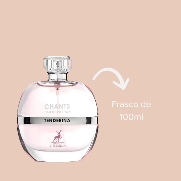 Chants Tenderina de Maison Alhambra é uma fragrância Floral Frutada, com notas de topo de bergamota, flor de toranja e pêssego, o perfume revela um coração delicado de jasmim, rosa e íris, sobre uma base suave de almíscar branco, vetiver, baunilha e patchouli. Inspirado no Chanel Chance Tendre, é perfeito para mulheres que apreciam um perfume leve e elegante.