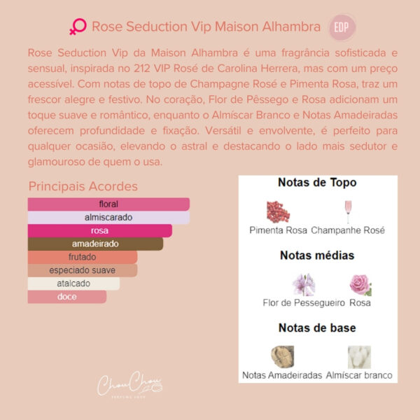 Rose Seduction VIP Maison Alhambra Perfume árabe feminino Perfume Floral 212 VIP Carolina Herrera